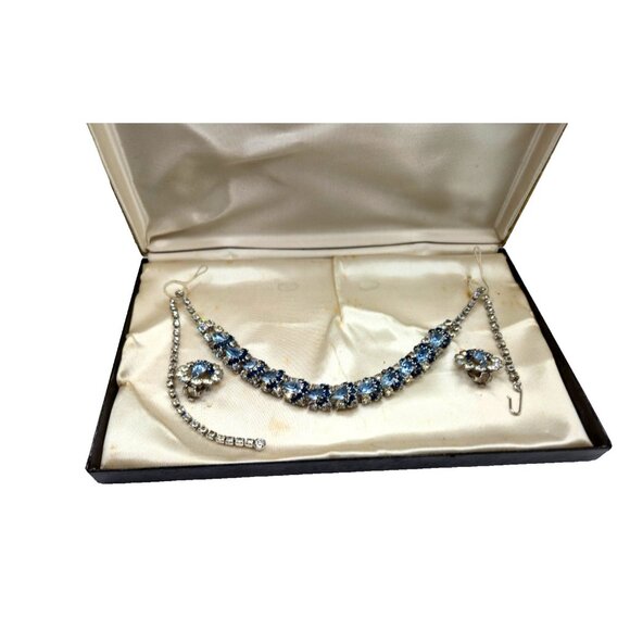Vintage Blue Rhinestone Demi Parure Set in Original Box – Necklace & Earrings - Picture 1 of 11